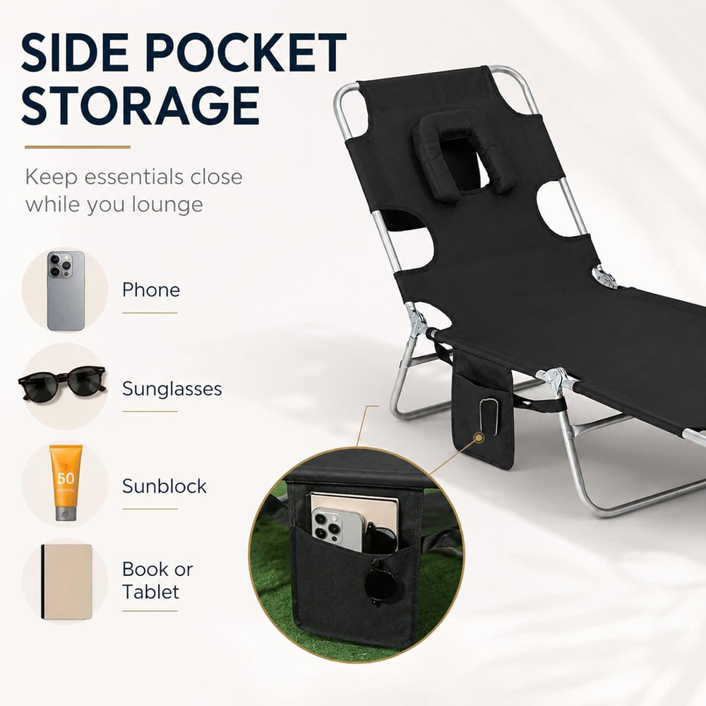 Tanning Chair, Folding Beach Lounge Chair with Face Hole and Arm Slots, 5-Pos...