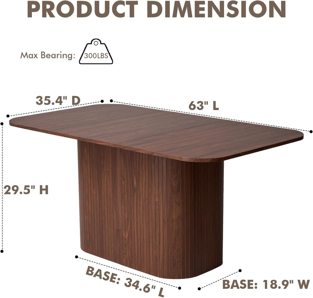 63" Large Dining Table for 4 6, [Rounded Corners] [Grooved Pedestal Base...