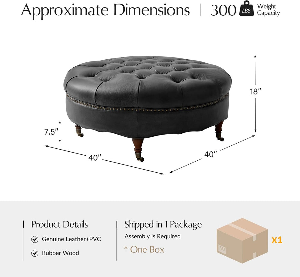 HULALA HOME 40" Genuine Leather Coffee Table, Large Round Button Tufted ...