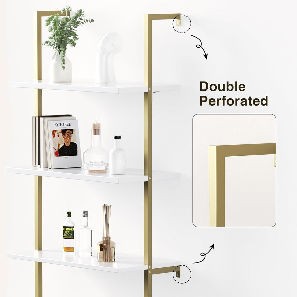 Halitaa 71”Ladder Shelf with Storage Cabinet, Wall Mounted Ladder Bookshelf | Modern Wall Mount Bookcase with Fluted Doors, Display Shelves for Living Room, Bedroom, Bathroom, Home Office, White & Gold