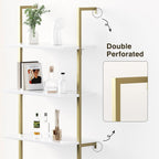 Halitaa 71”Ladder Shelf with Storage Cabinet, Wall Mounted Ladder Bookshelf | Modern Wall Mount Bookcase with Fluted Doors, Display Shelves for Living Room, Bedroom, Bathroom, Home Office, White & Gold