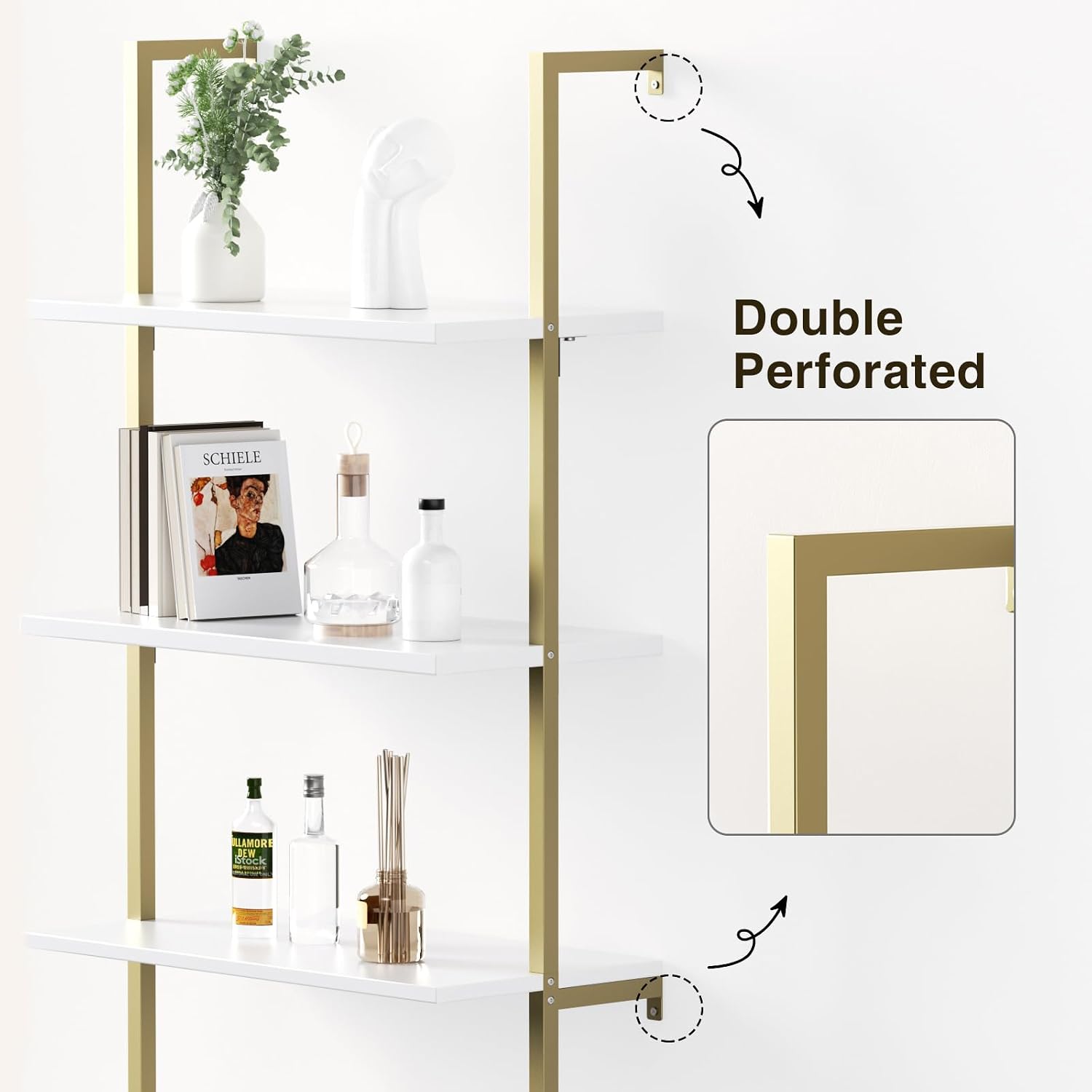 Halitaa 71”Ladder Shelf with Storage Cabinet, Wall Mounted Ladder Bookshelf | Modern Wall Mount Bookcase with Fluted Doors, Display Shelves for Living Room, Bedroom, Bathroom, Home Office, White & Gold