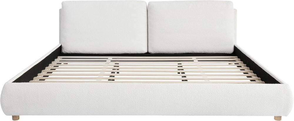Merax King Boucle Platform Bed with 2 Removable Headboard Pillows, White