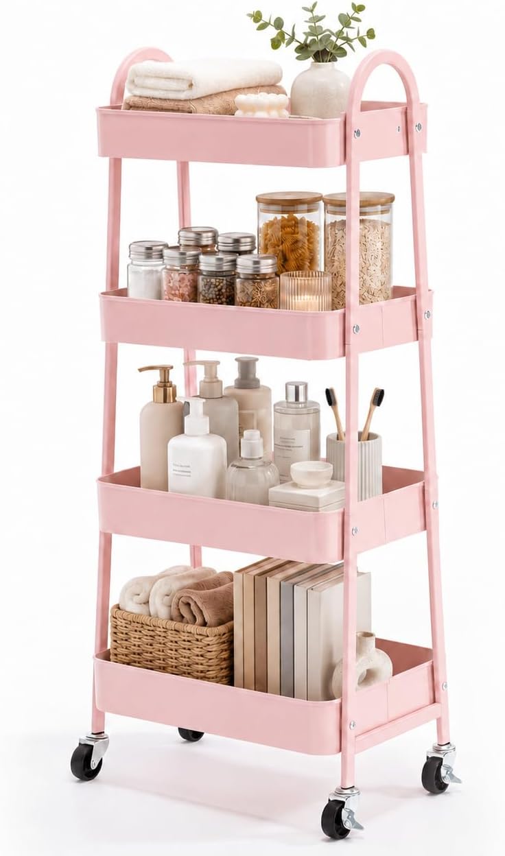 Simple Deluxe 4-Tier Rolling Utility Cart, Metal, 12.32 x 17.91 x 40.35, Pink...