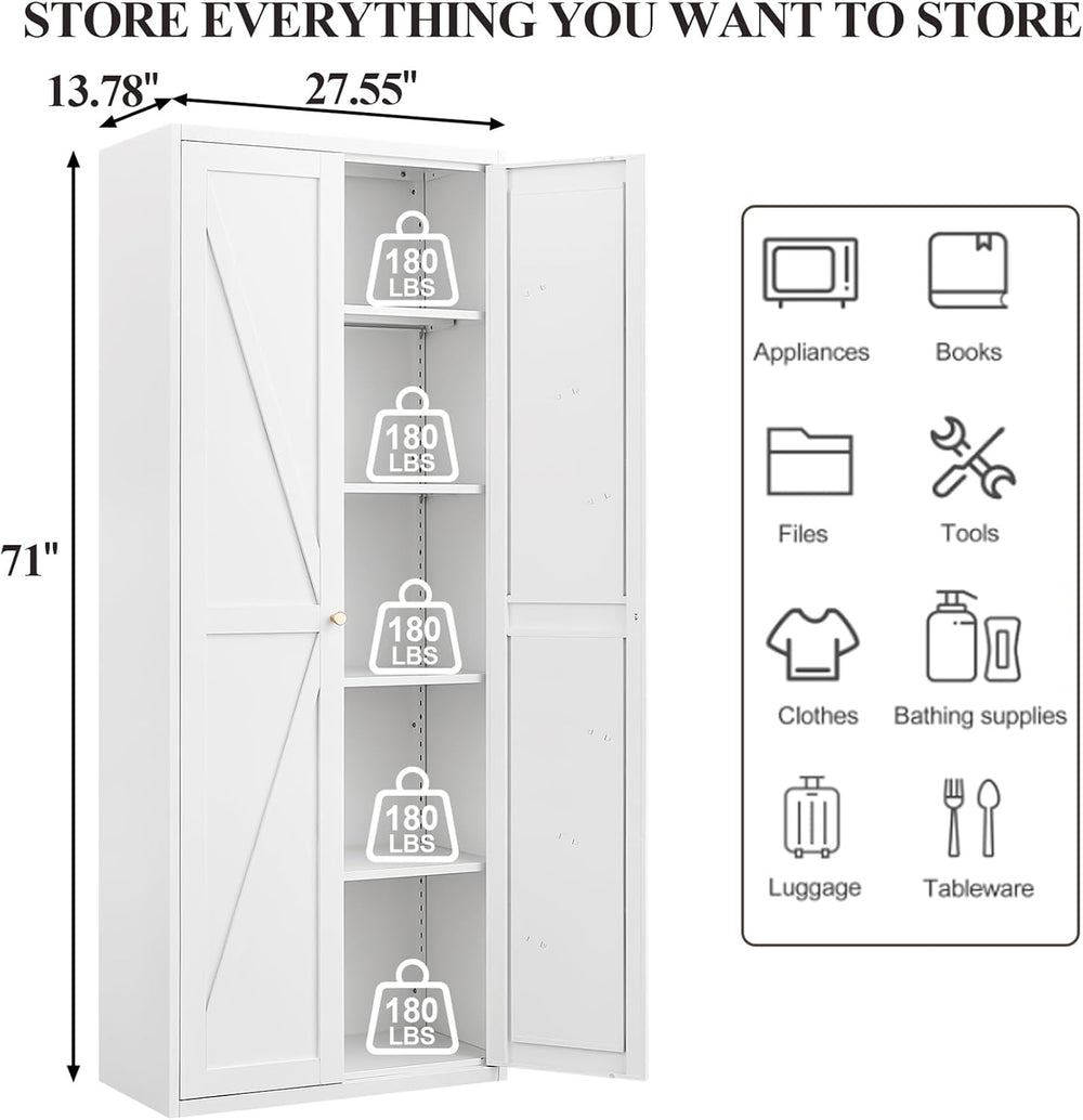 71" Tall Kitchen Pantry Cabinet, Metal Pantry Storage Cabinet with Adjus...