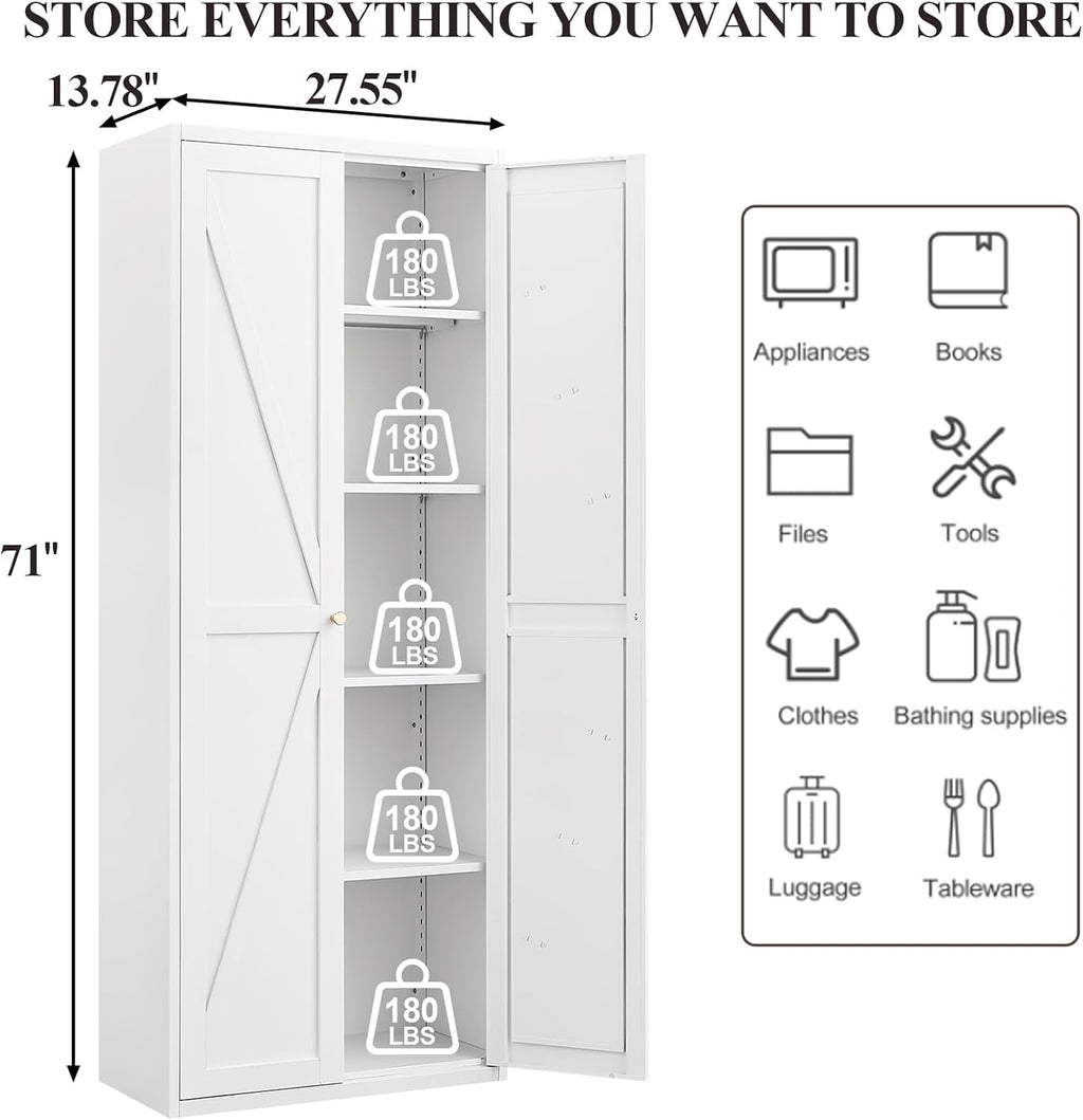 71" Tall Kitchen Pantry Cabinet, Metal Pantry Storage Cabinet with Adjustable Shelves, Freestanding Locker for Kitchen, Dining Room, Living Room, White