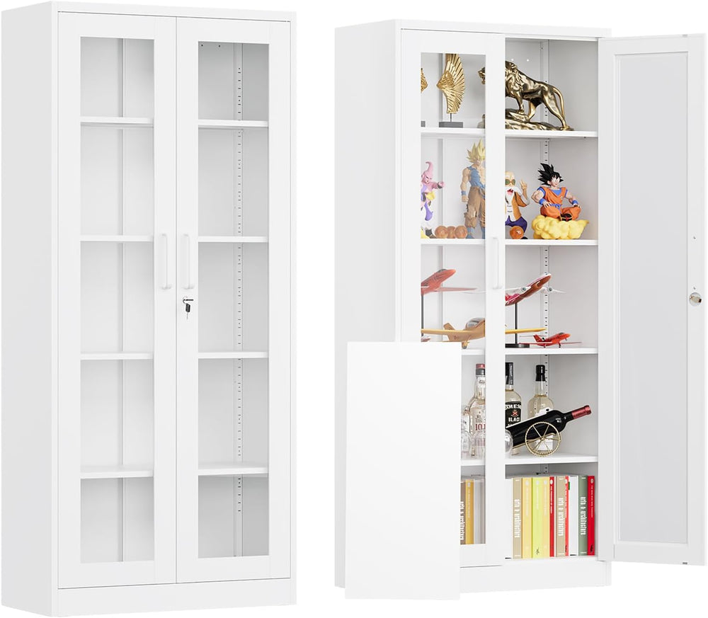 Locking Display Cabinet with Glass Door, 71”H Metal Curio Cabinets with Adjus...