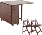 Walnut Drop Leaf Folding Dining Table with 2 Drawers and 4 Wheels, Wooden Padded Chairs Set of 2, Space Saving Dining Table with 2 Chairs