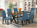 East West Furniture X677EL121-7 7 Piece Dining Table Set Consist of a Rectangle Dining Room Table with X-Legs and 6 Blue Linen Fabric Upholstered Parson Chairs, 40x72 Inch, Multi-Color