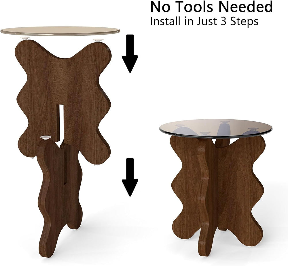 MDF Frame Side Table with Brown Tempered Glass Top, Mortise and Tenon Joint D...