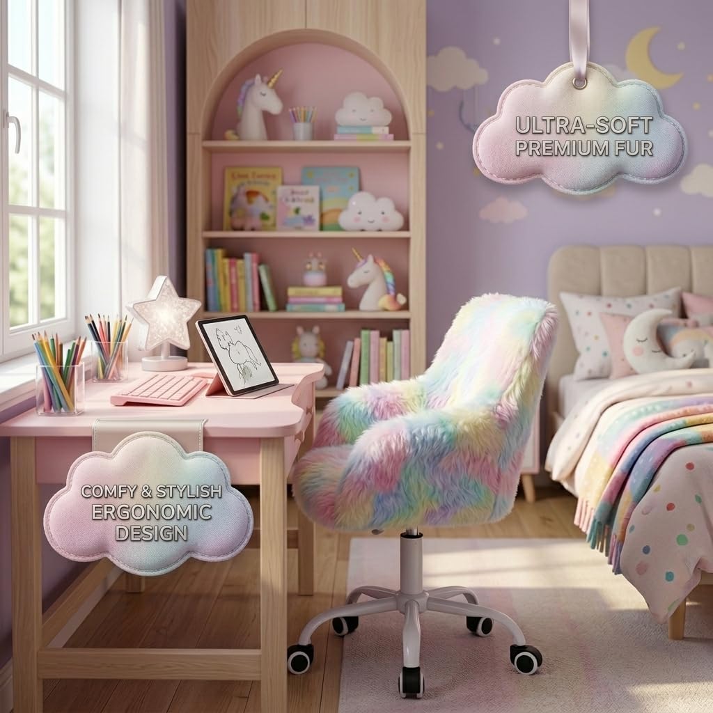HEAH-YO Swivel Kids Chair with Wheels, Adjustable Kid Desk Chair with Arms, Cute Faux Fur Kids Study Chairs for Boys and Girls, Rainbow Color