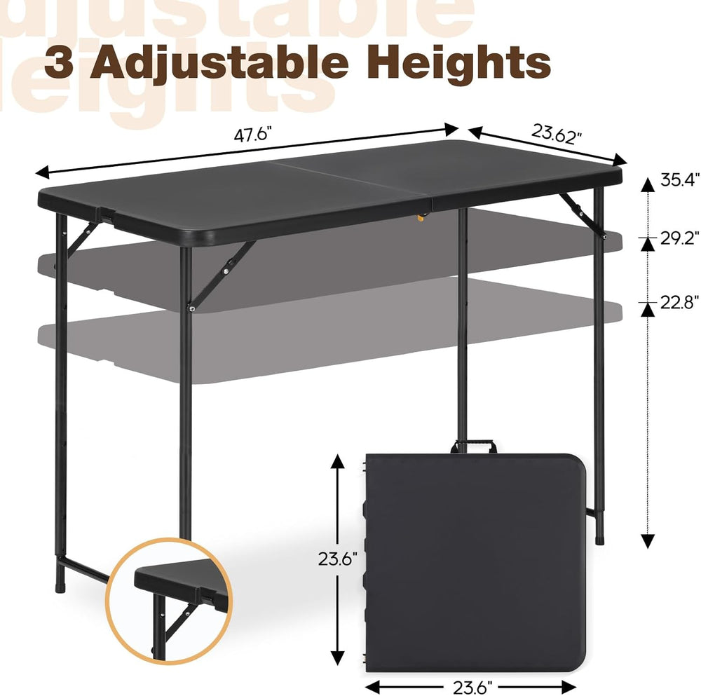 4ft Folding Table with Adjustable Height, 3-Level Foldable Table with HDPE To...