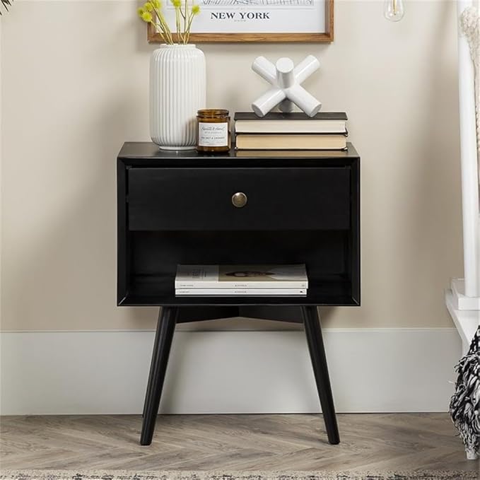 Walker Edison Ella Mid Century Modern 1 Drawer Solid Wood Nightstand, 1 Pack, Black