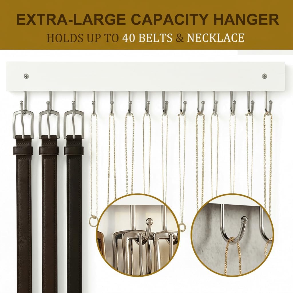 Wall Mounted Tie & Belt Rack Organizer - 2 Pack, 28 Hooks Hold 40 Ties & 40 Belts, 180° Rotating Space Saving Design, Sturdy Wood Decorative Wall Storage (White)