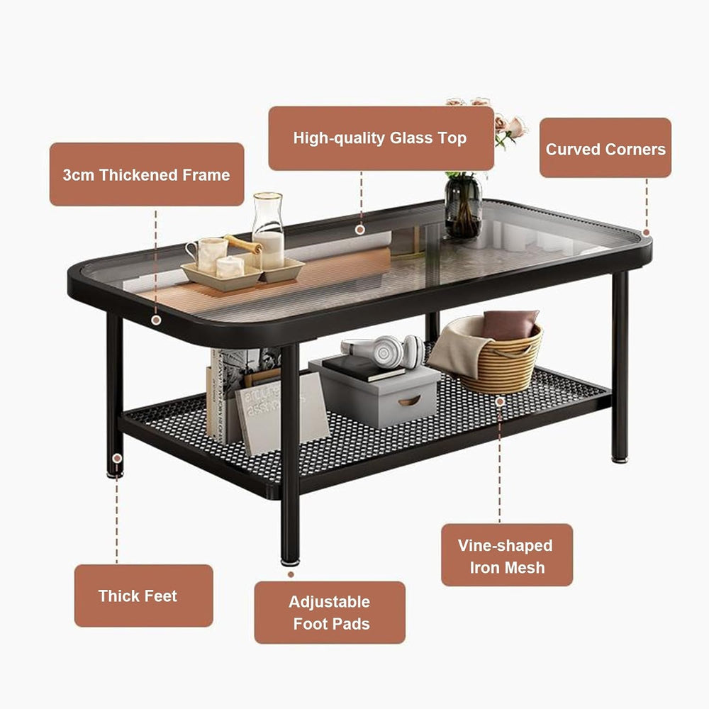2 Tier Coffee Table, Glass Top Rectangular Coffee Table with Black Metal Fram...