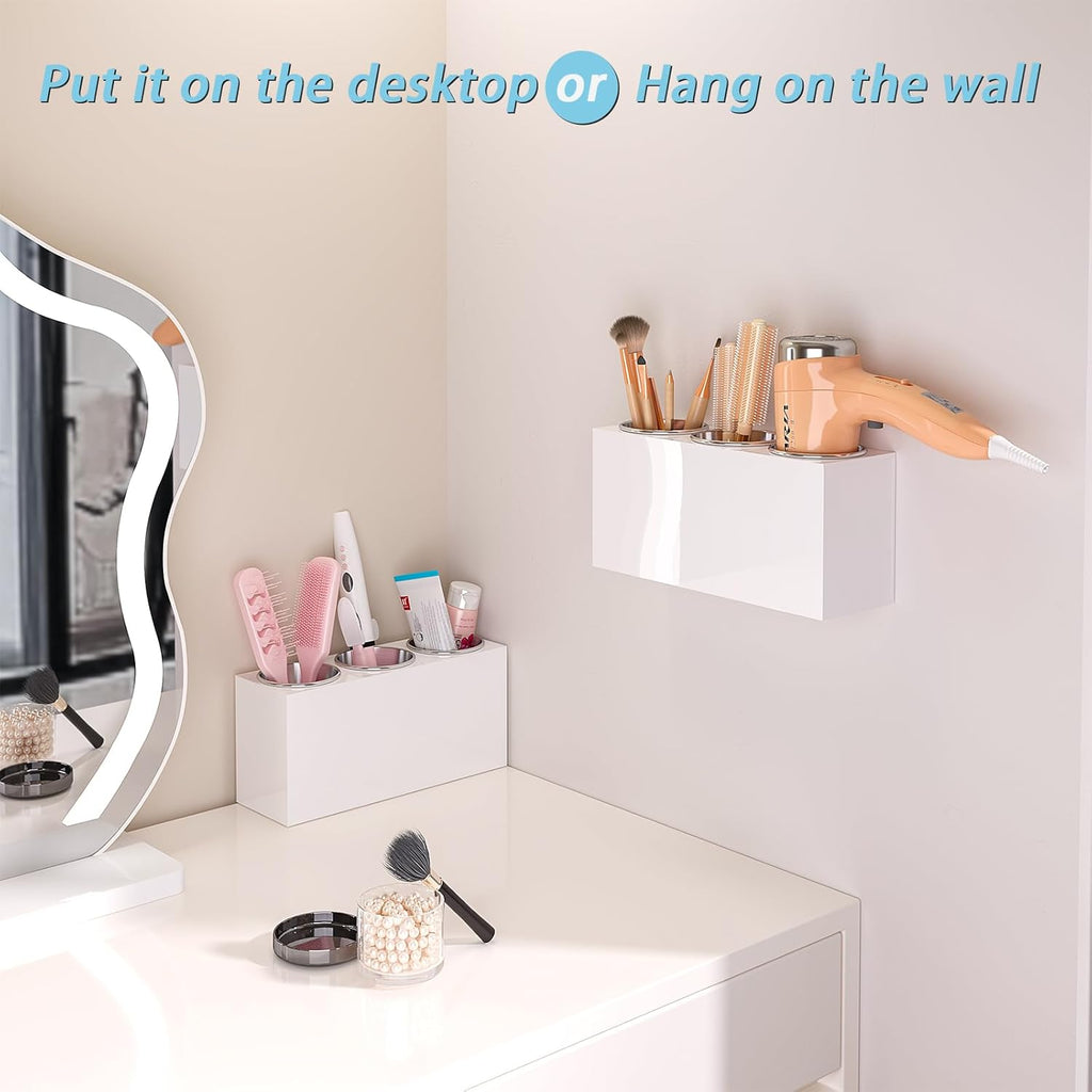 Hair Tool Organizer, Wall Mount Hair Dryer Holder with 3 Cups, Vanity Acrylic Hair Styling Tools Organizer for Curling Iron Straightener Styling Tools Bathroom Storage (3 Cups White)