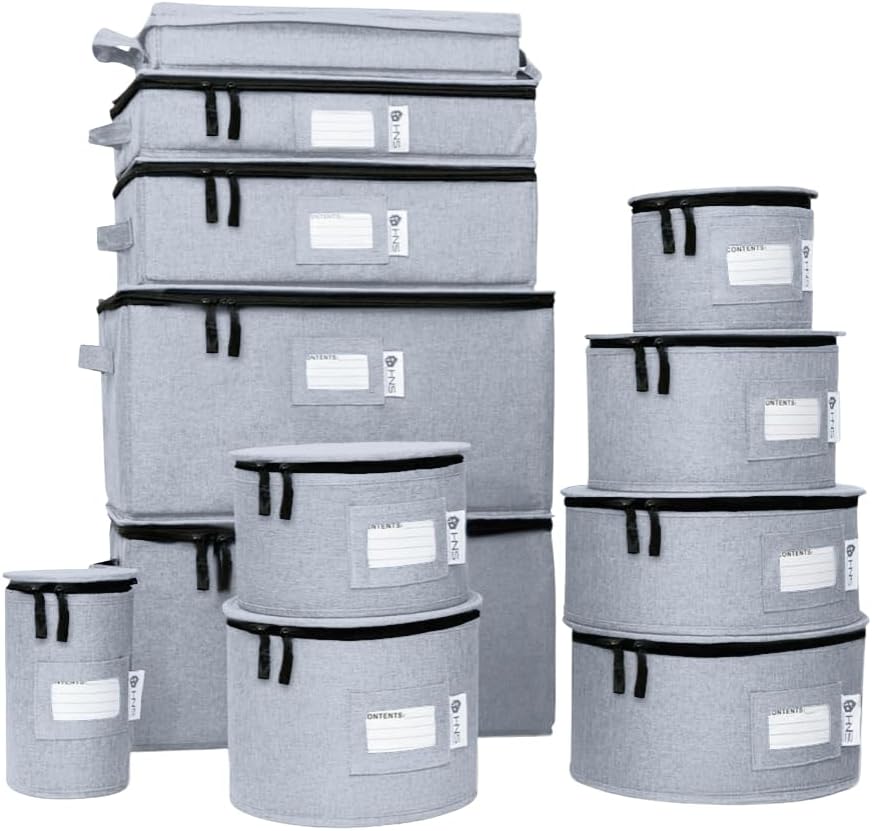 Hard Shell China Storage Containers 12-Piece Set Moving Boxes for Dinnerware, Glasses, Plates, Mugs and Saucers Sturdy Dish Organizer with Dividers for Seasonal Storage - Service for 12 - Grey
