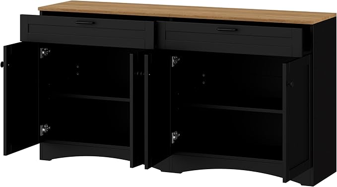 Ball & Cast Farmhouse TV Stand with 2 Drawers for TVs up to 70",Wood Grain Sideboard Buffet Cabinet w/Rustic Handles and Adjustable Shelf,Entertainment Center for Living Room,Bedroom,Black