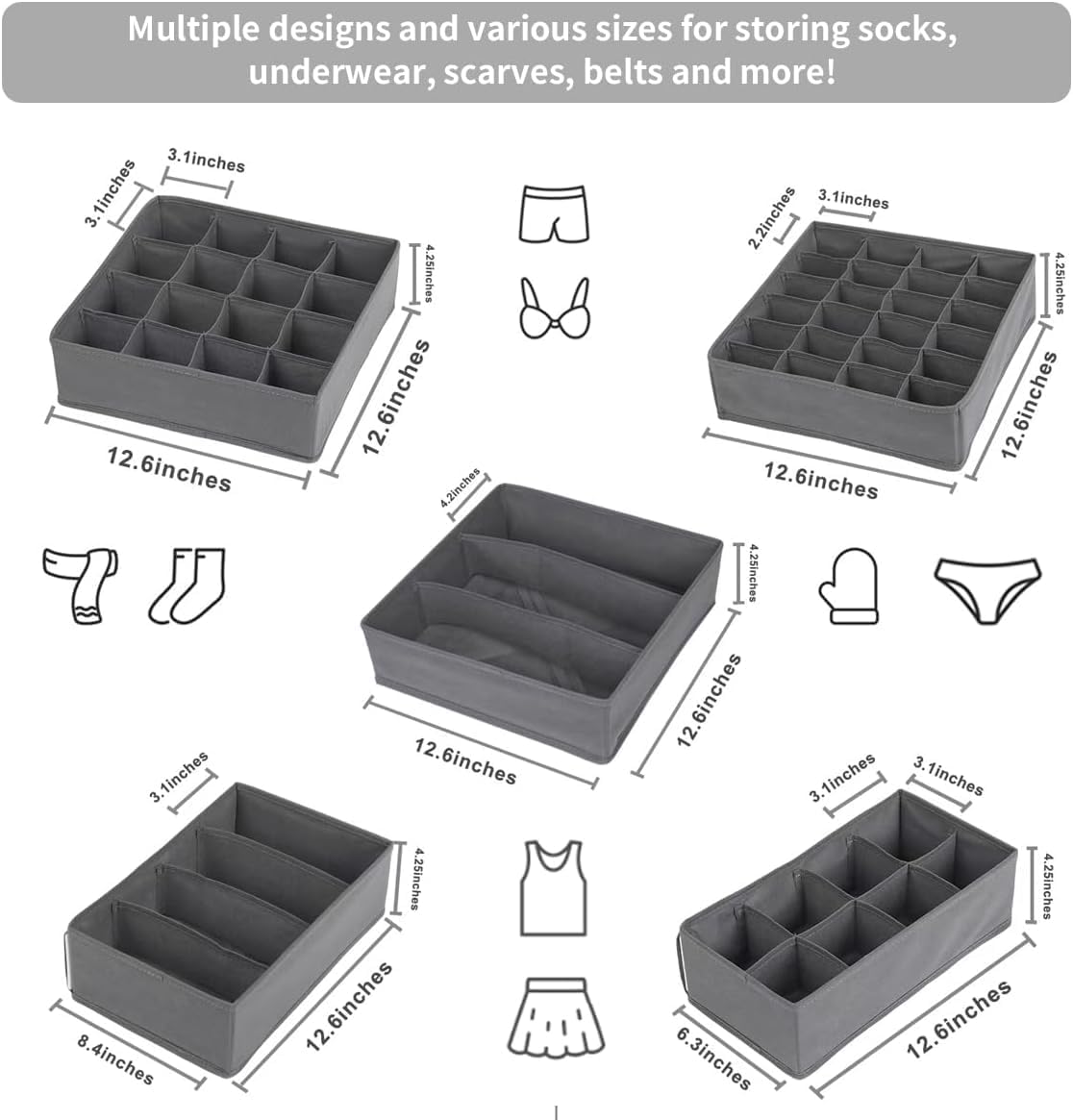 Lourome Underwear Drawer Organizer, 10-Pack, for Socks, Bras, Tie, Grey | Fits Standard 13"+ Dressers, 110 Compartments, Storage Bins for Bedroom, Closet & Bathroom