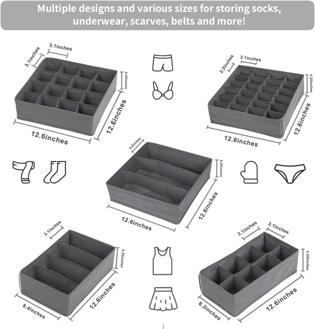SUREMAX 10-Pack Underwear Organizer for Clothing Underwear, Sock, Bra, Grey | Foldable, Fabric Underwear Drawer Organizer, Sock Organizer, Drawer Organizers