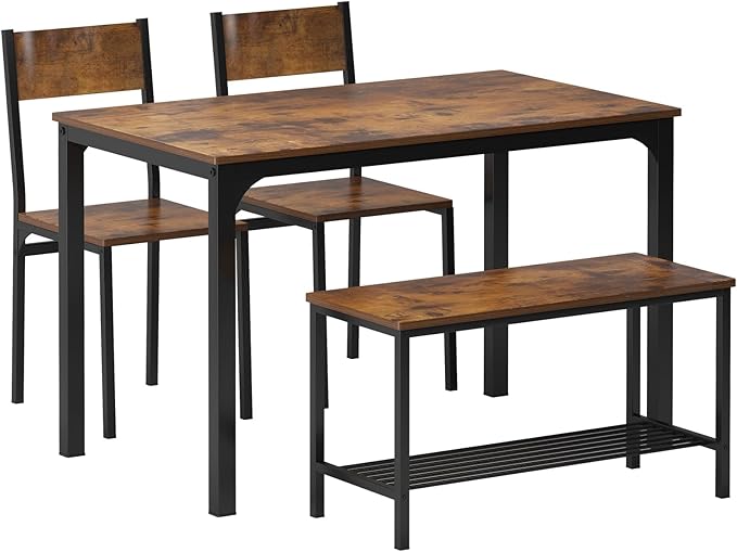 SogesHome Kitchen Table Set for 4, Compact Dining Table Chair Set with Bench, Built-in Storage Racks, Metal Frame, for Apartment, Restaurant, Vintage Brown