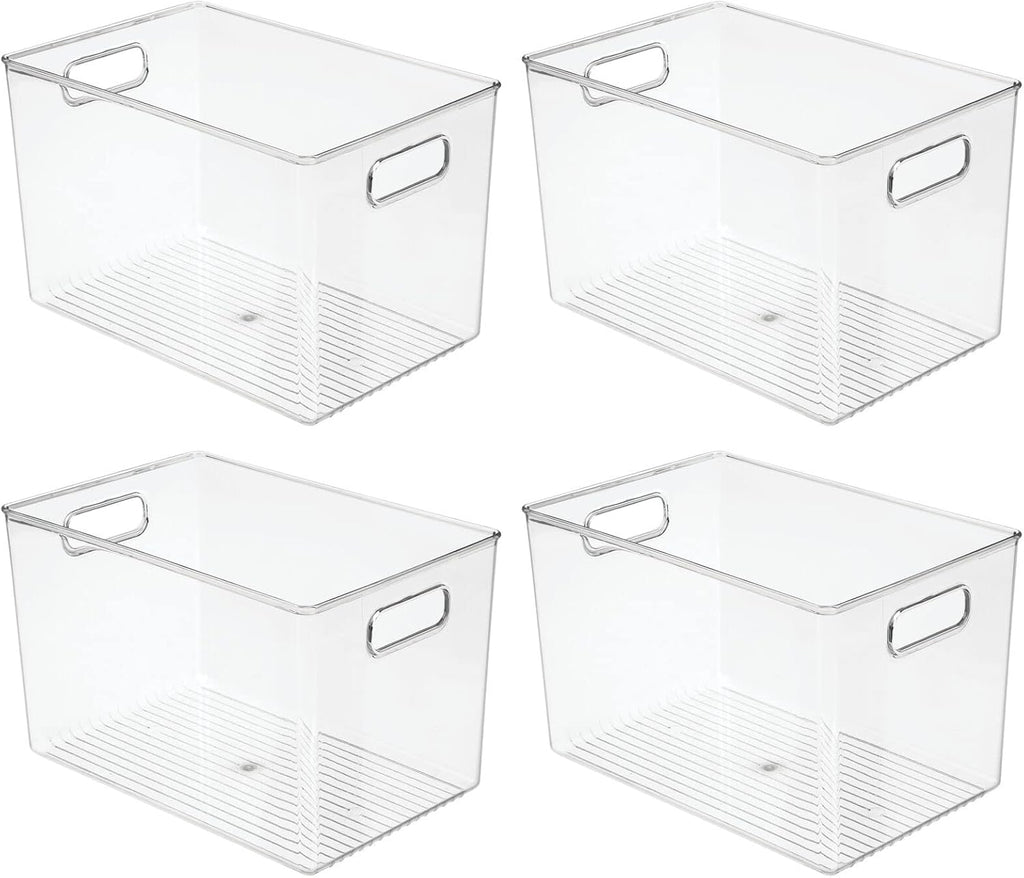 mDesign Deep Plastic Home Storage Organizer Bin with Built-in Handles for Cube Furniture Shelving in Office, Closet, Cabinet, Bedroom, Bathroom, Nursery, Dorm - 4 Pack - Clear