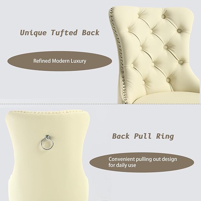 KCC Faux Leather Dining Chairs Set of 4, Upholstered High-end Tufted Dining Room Chair with Nailhead Back Ring Pull Trim Solid Wood Legs, Contemporary Nikki Collection Modern Style for Kitchen, Beige