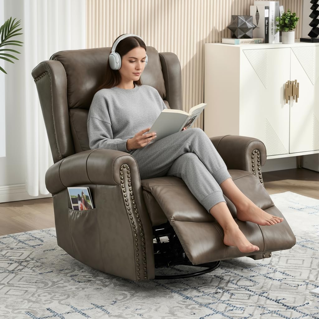PELUMY Genuine Leather Swivel Rocking Recliner Chair for Adults, 360° Swivel Glider Rocker with Heat & Vibrating Massage, Lounge Chair for Living Room, Bedroom, Nursery Grey