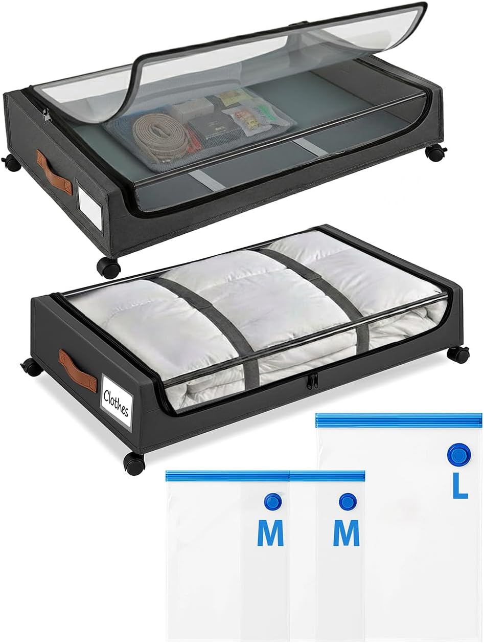 Under Bed Storage with Wheels, XXL Under Bed Drawers, Rolling Metal Drawer for Shoes, Clothes, Books, Toys, Under Bed Organizer with Clear Lids for Dorm Room, Bedroom, Kids Room, 2 Pack