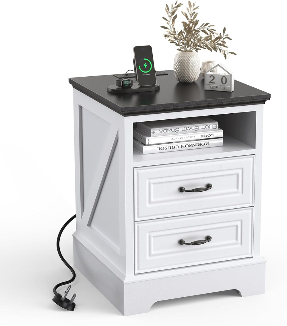 Eondon 18" Farmhouse Nightstand with Charging Station, 2 Drawers Bedside...