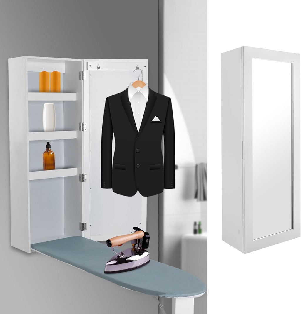 Wall Mounted Ironing Board Cabinet, Built-in Foldable Ironing Board & Folding Support Leg, Wall Ironing Boards with Mirror and 2 Hooks for Home, Apartment & Small Spaces
