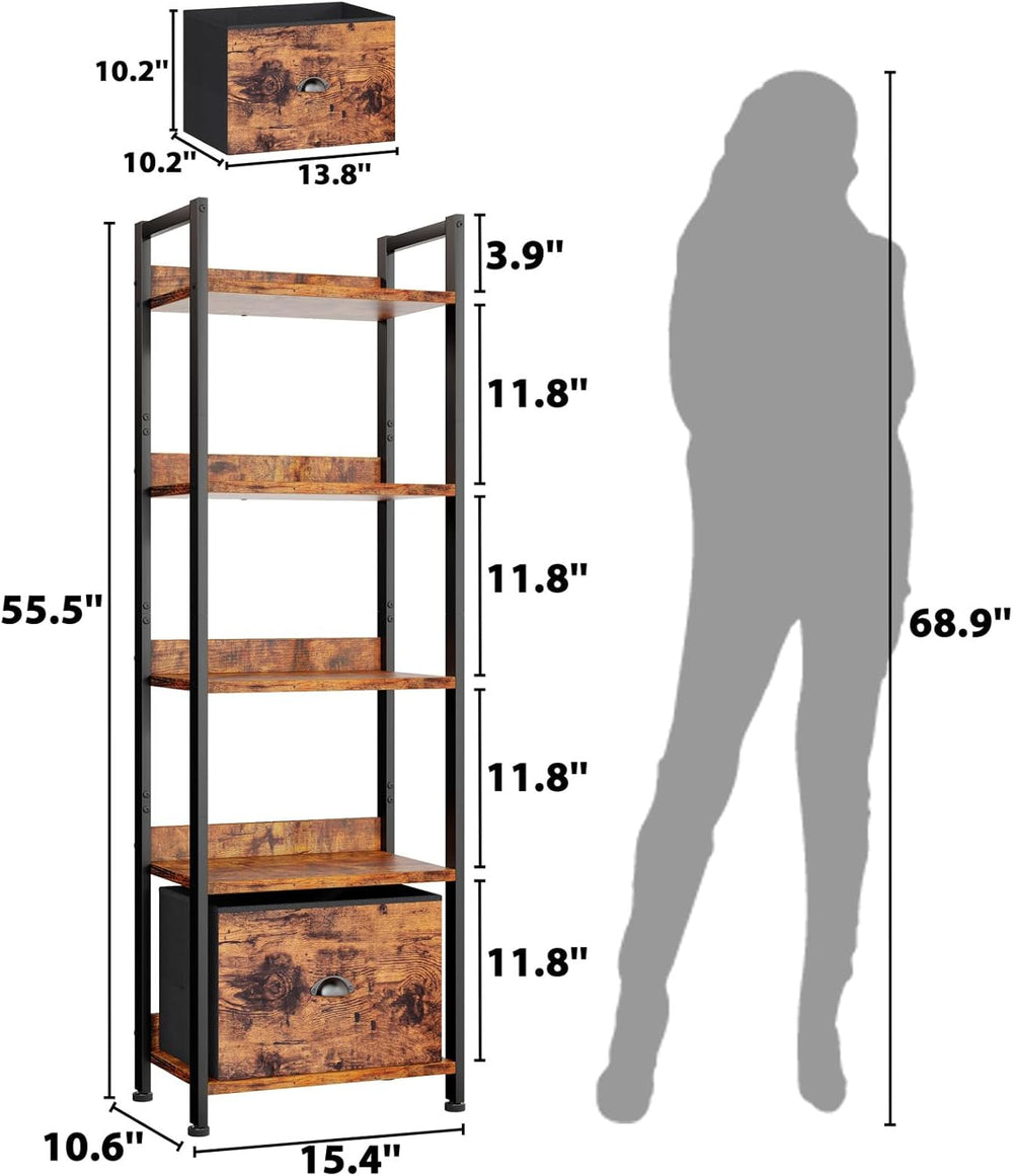 Furologee 5 Tier Bookshelf with Drawer, Tall Narrow Bookcase with Shelves, Wo...