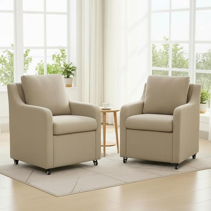 Rolling Dining Chair with Wheels, Upholstered Modern Single Armchair with Casters for Kitchen (2, Fabric Camel)