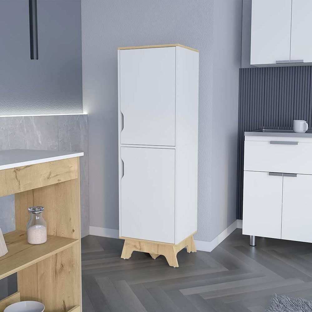 Single Kitchen Pantry Wallas, Four Shelves, Two Doors, Light Oak/White Finish