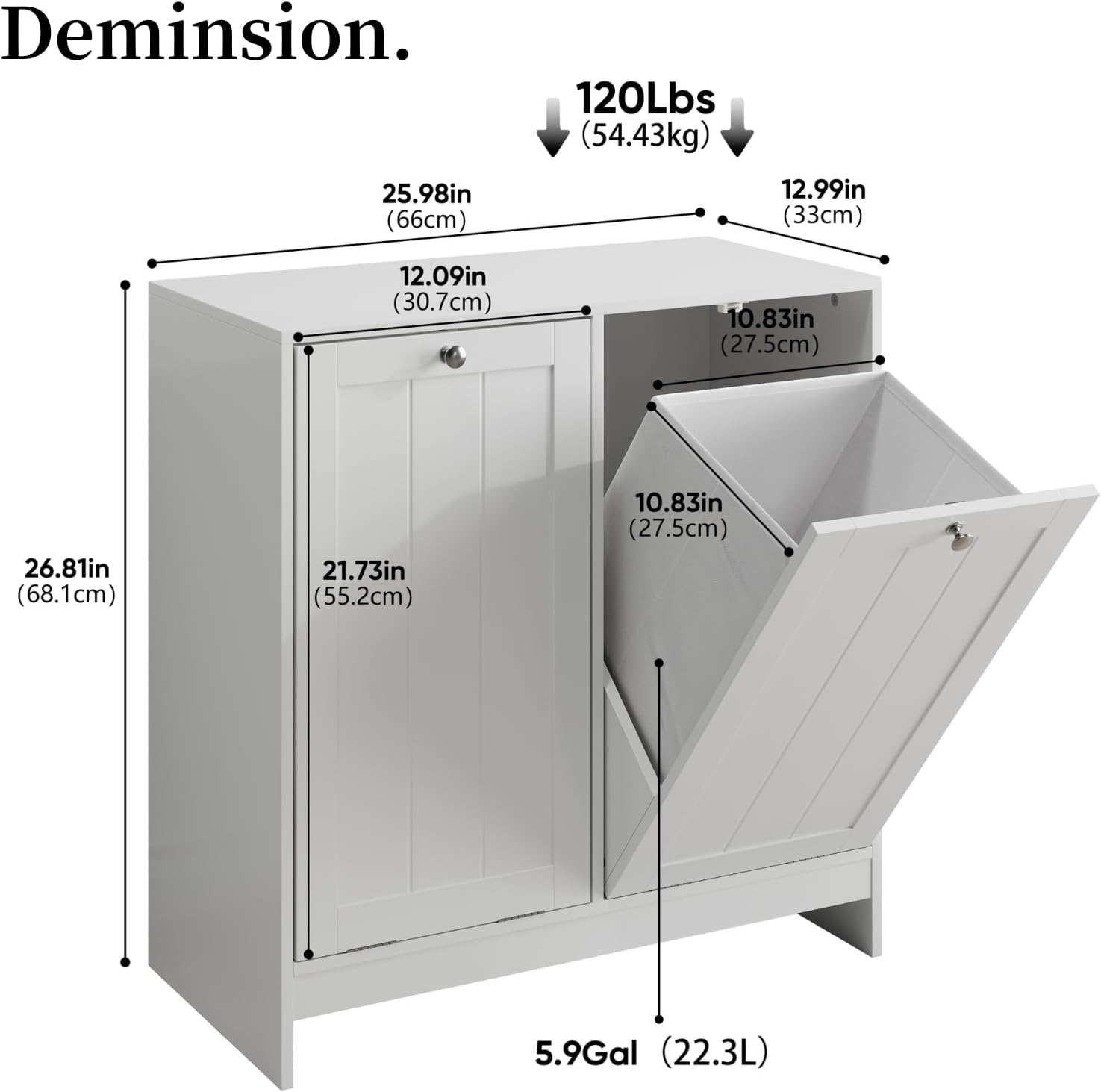 Tilt-Out Double Laundry Hamper Cabinet, White, 26.8" H x 26" W x 12" D, 5.9 Gal Capacity, MDF Construction.