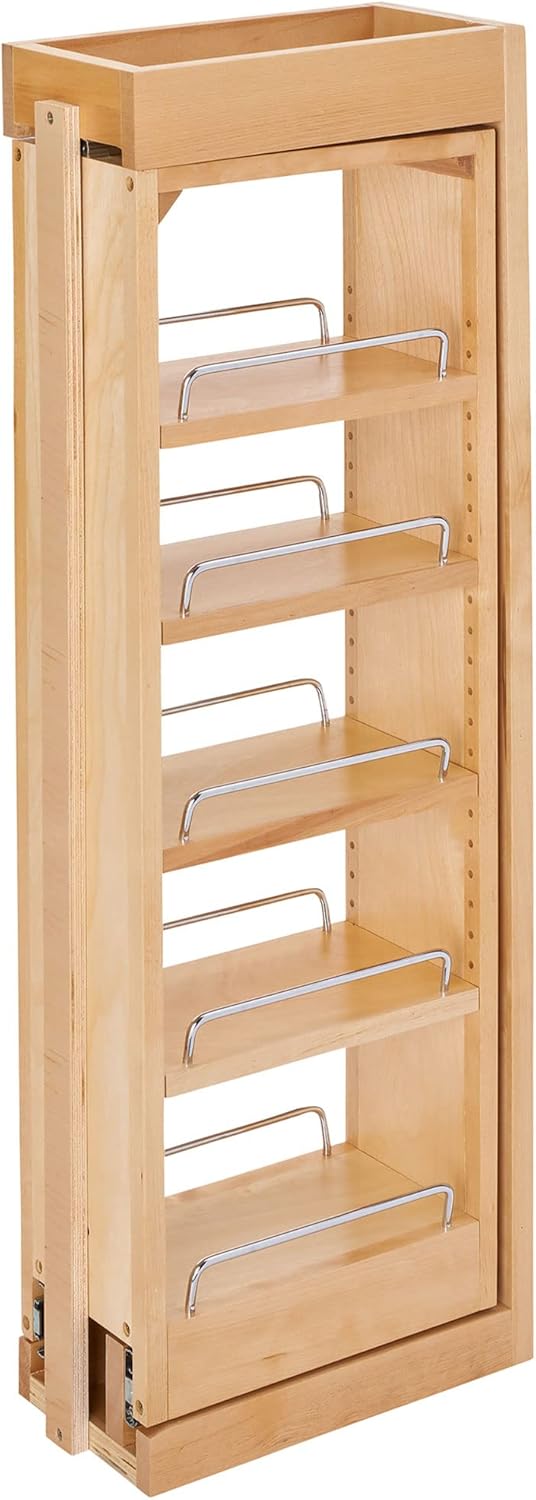 Rev-A-Shelf 6"W x 33"H Pull Out Quad Shelf Organizer for Wall & Base Kitchen Cabinets, Full Extension Filler Spice Rack, Adjustable, Wood, 432-WF33-6C