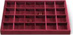 Velvet Stackable Jewelry Display Tray, 24 Grid Earring Ring Storage Tray, Drawer Divider Jewelry Accessories Organizer Plate (Red)