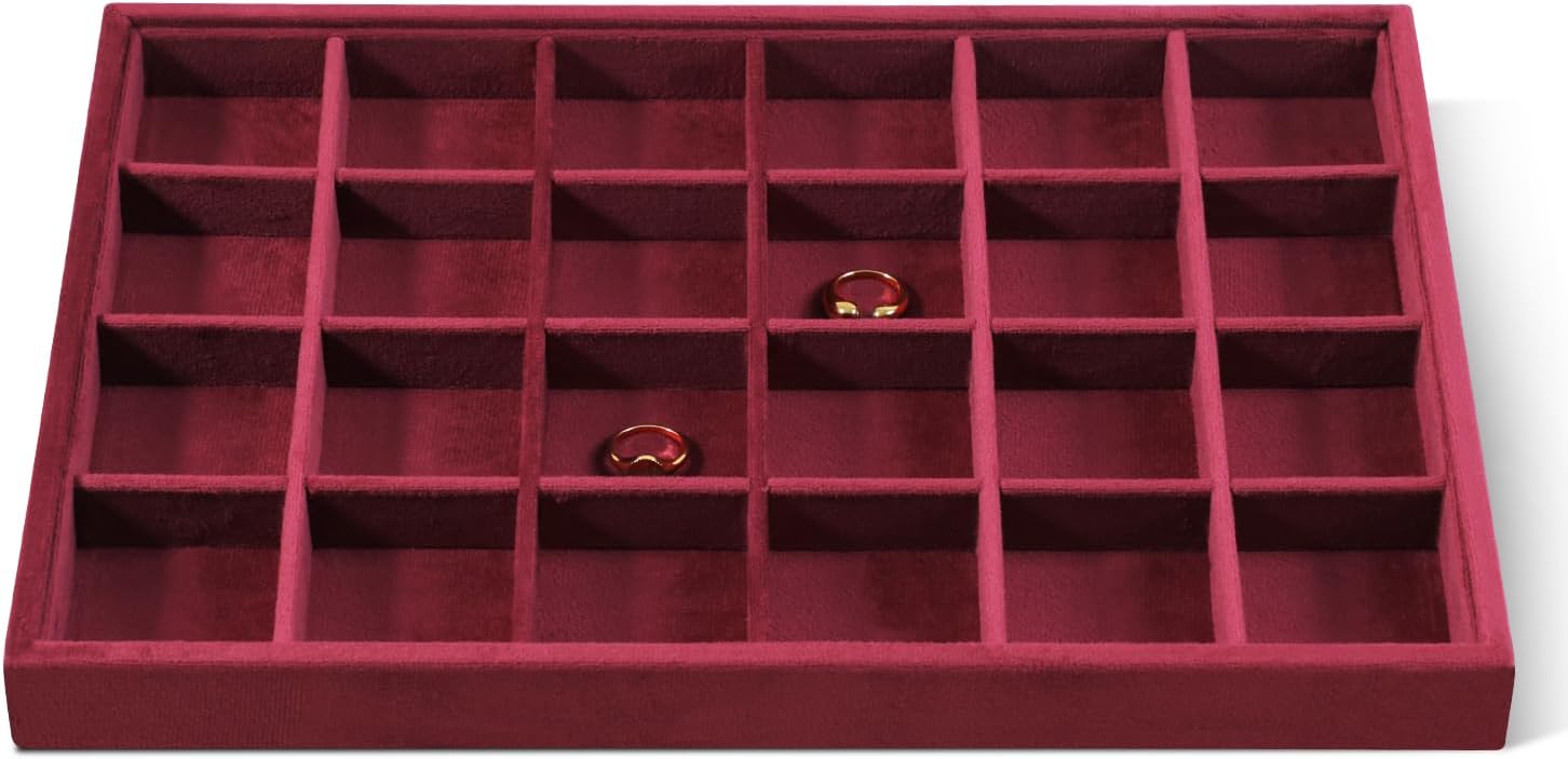 Velvet Stackable Jewelry Display Tray, 24 Grid Earring Ring Storage Tray, Drawer Divider Jewelry Accessories Organizer Plate (Red)