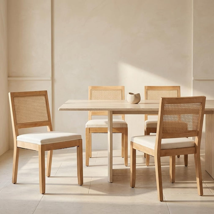 French Country Dining Chairs Set of 4, Beige Modern Kitchen & Dining Room Chairs, Rattan Dining Chair with Linen Upholstered Cushion, Low Cane Back, Wood Legs, Sillas de Comedor (Beige, 4 Pcs)