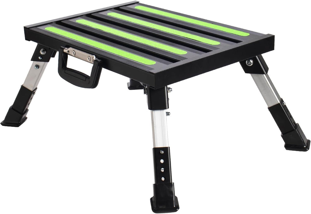 Adjustable RV Step Stool, Folding Platform with Reflective Strip, Black