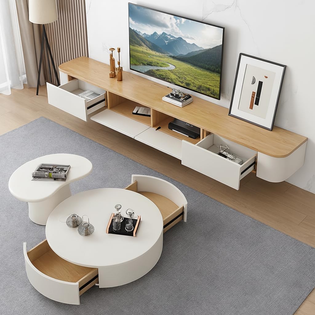 Floating TV Stand,47-118" Wall Mounted TV Shelf, Floating TV Consolewith Flip-Down Doors & Drawers, Modern TV Media Console Center Large Storage TV Stand (Wood/White-Led, 102.3")