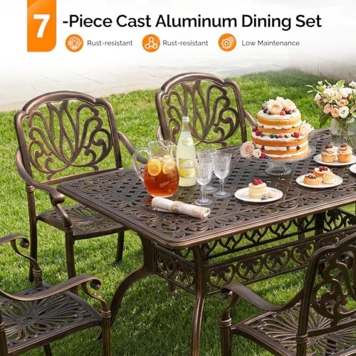 VINGLI 7-Piece Outdoor Dining Set, Cast Aluminum Patio Furniture Set for 6 wi...