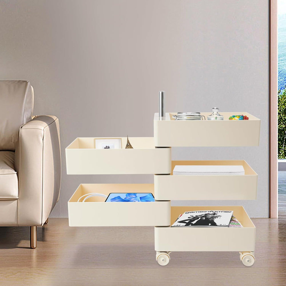 360° Rotating Side Table with 5 Drawers, Movable Storage End Table Sofa Side ...