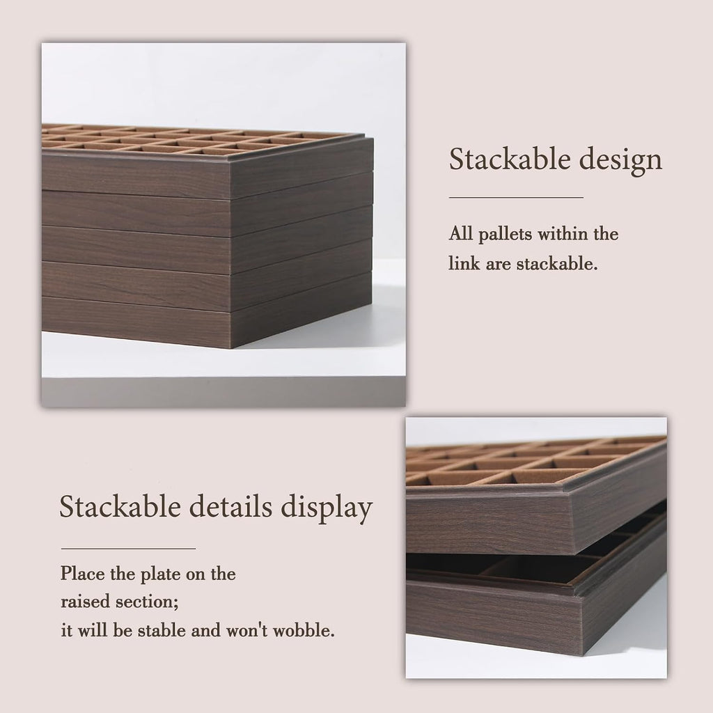 Wood Jewelry Organizer Tray, Earrings Holder (Brown, 2Pc, 24 Grids) | Stackable Earrings Organizer, Earrings Display Tray, 24 Grids Ring Holder, Space-Saving Storage