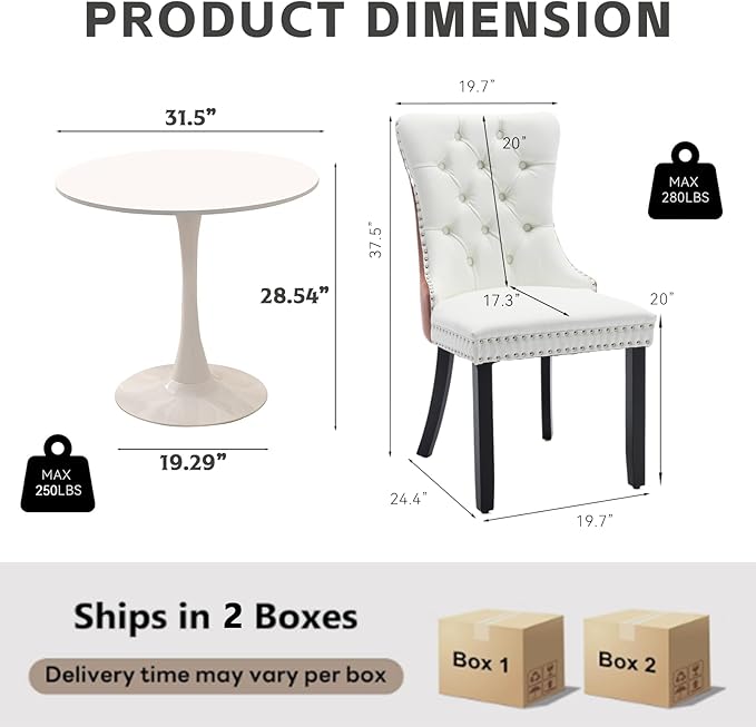3-Pieces 31.5" Round Dining Table Set for 2, White Dining Table & PU & Velvet Upholstered Dining Chairs Set of 2 for Kitchen Dining Room Apartment Small Space(Pink & White Chairs)