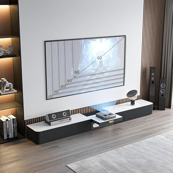 POVISON Fully-Assembled Modern TV Stand for Projector, Sintered Stone Entertainment Center with Storage for Living Room, TV Cabinet with Drawers for 120+ inch TV, Media Console for Living Room