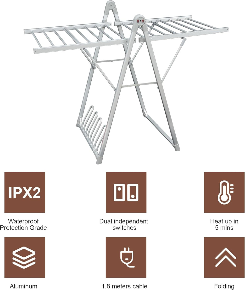 Electric Heating Clothes Drying Rack,Foldable Clothes Drying Rack,Suitable for Drying Clothes, Shoes and Socks.Plug & Play,Silvery Gray,Aluminum Alloy,One-Click Switch(39.37×52.56×25.98in)