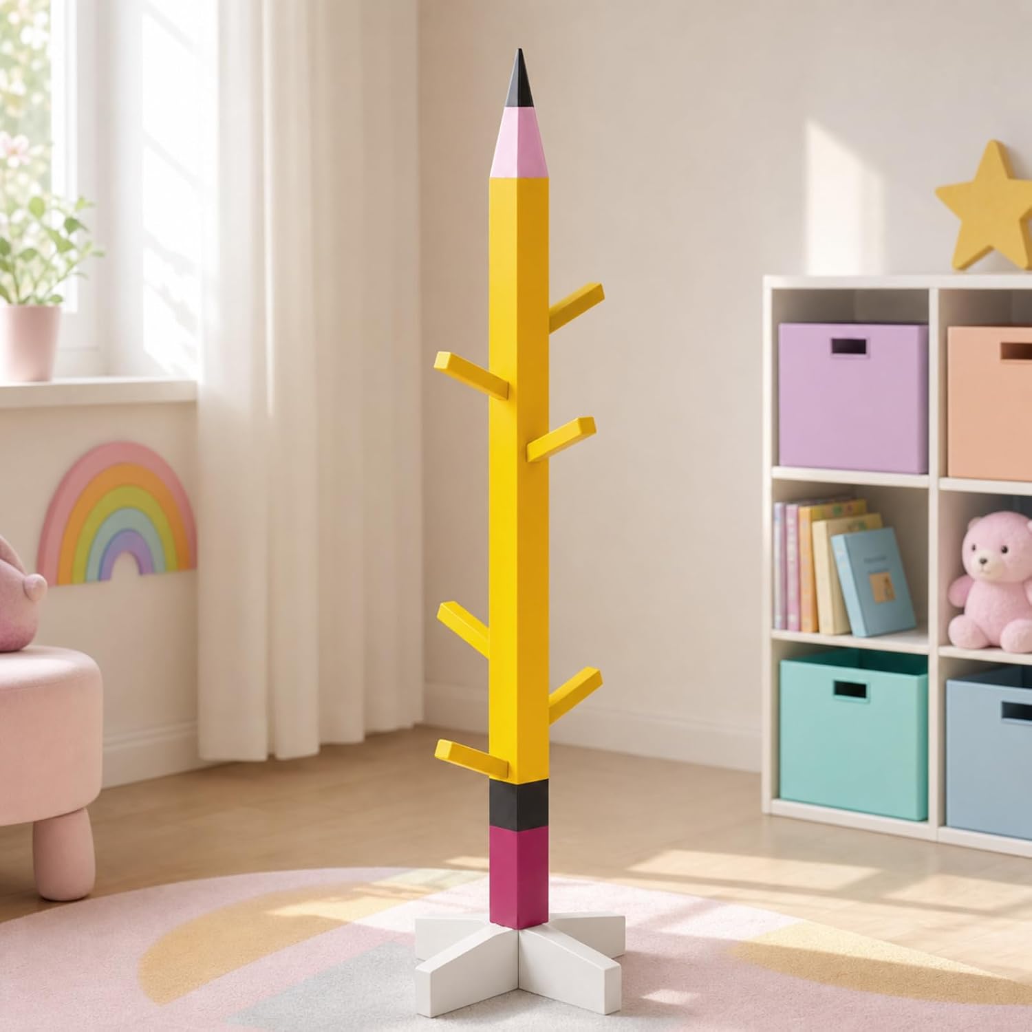 Mifoci Classroom Pencil Coat Rack Freestanding Bag Holder Heavy Duty Wood Pencil Shaped Backpack Rack Decorative Back to School Floor Coat Stand for Hat Cloth Key First Day of School Entryway Bathroom