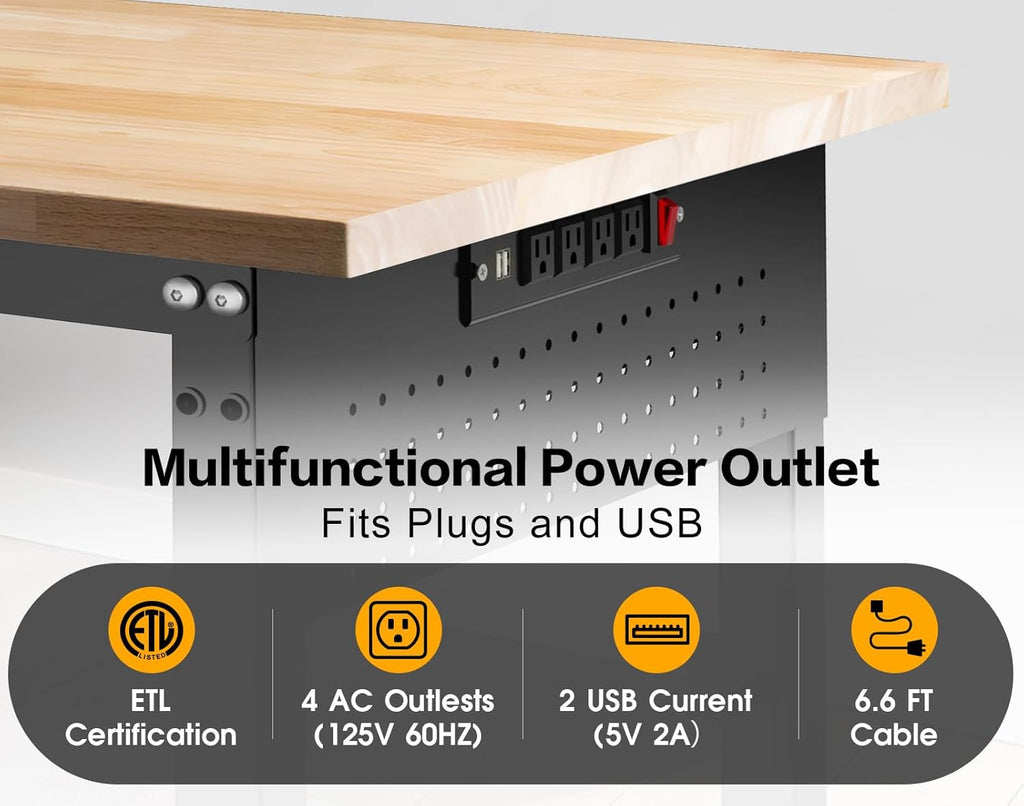96” Heavy Duty Workbench, 5000 LBS Capacity Adjustable Work Bench with Pegboard and Power Outlet, Rubber Wood Work Table for Garage, Office, Workshop, Home