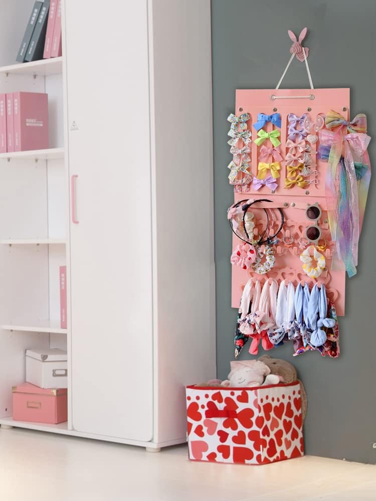 Hanging Jewelry Organizer for Girls Storage Holder Display Board Felt Wall with Detachable hooks Headband Holder Hair Clips Hair Ties Earrings Necklace Hair Clips Home Decor Pink